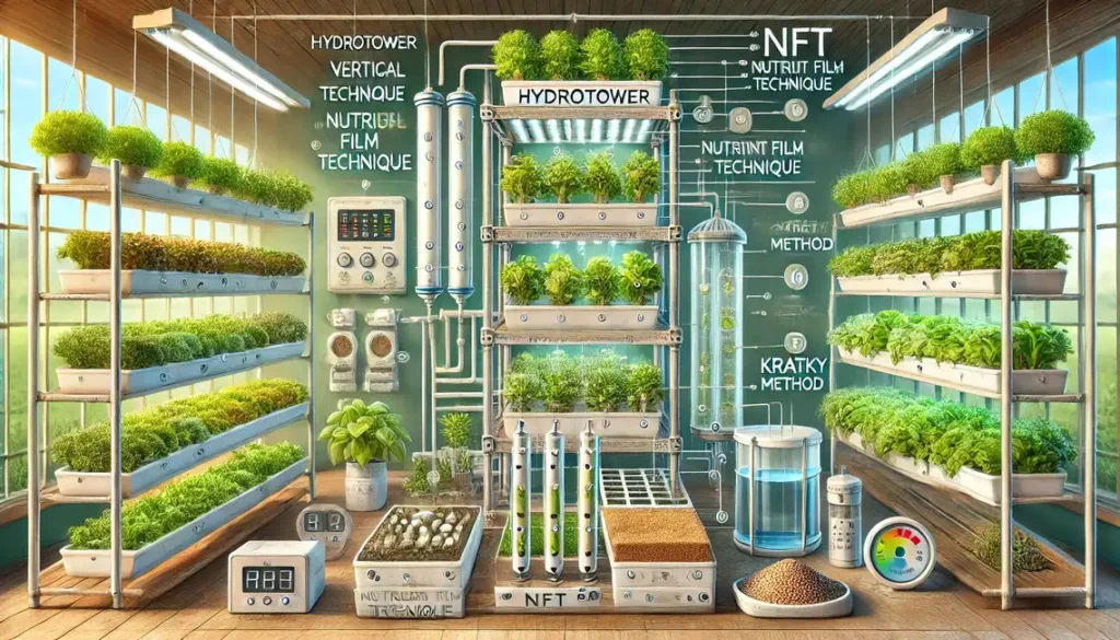 Ein detailliertes Breitbild zeigt wesentliche Aspekte für Hydroponik-Einsteiger, einschließlich eines Hydrotowers, eines NFT-Systems und der Kratky-Methode, mit gesunden Pflanzen, verschiedenen Substraten, mineralischen Düngern und Messgeräten für pH- und EC-Werte.