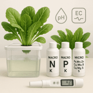 Zu sehen ist eine hydroponische Pflanze, ein pH-Messgerät sowie versch. Nährstoffe, die wichtig für Pflanzen sind