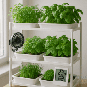 Hydroponik-Regal mit grünen Kräutern, kleinem Clip-Ventilator und digitalem Hygrometer bei Tageslicht